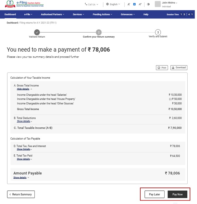 incometaxindiaefiling summary ITR