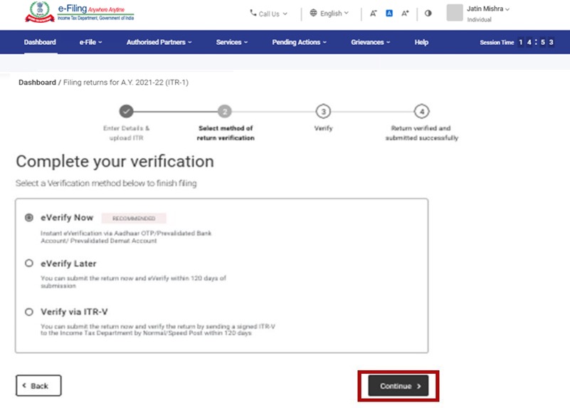 incometaxindiaefiling e-verify your ITR