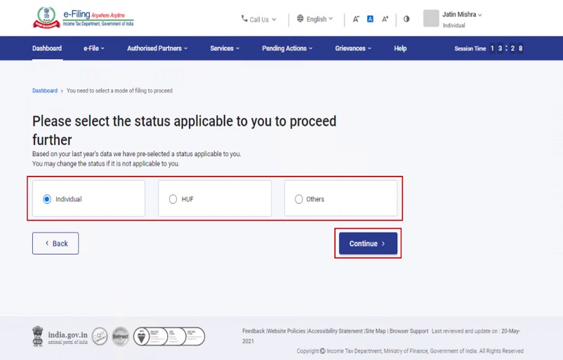 incometaxindiaefiling Individual assessee status